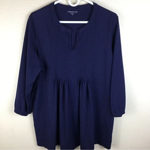 Coldwater Creek Navy Blue Split Neck Pintuck Pleats Top Plus 1X